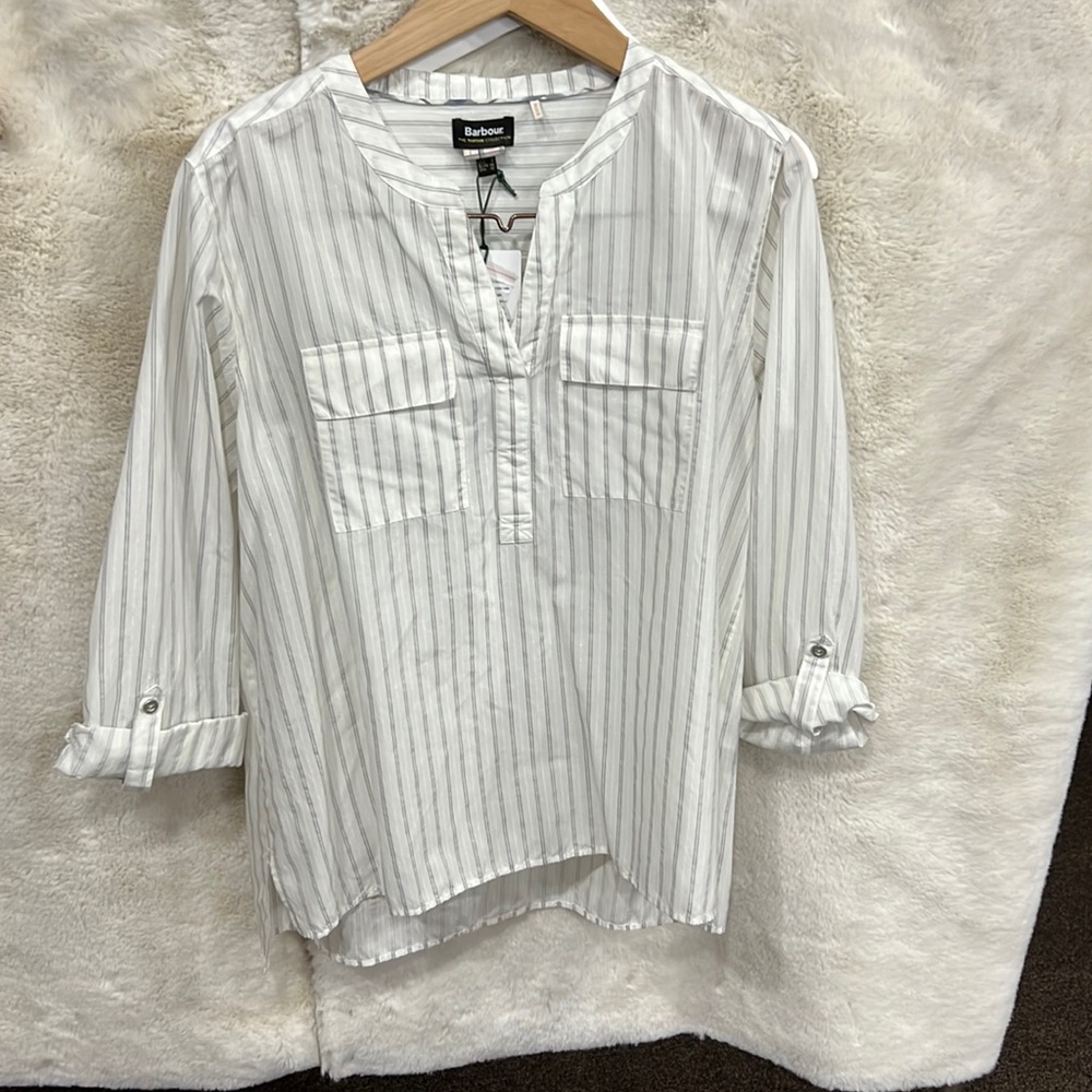 Barbour White and Light Gray Striped Pullover Blouse
